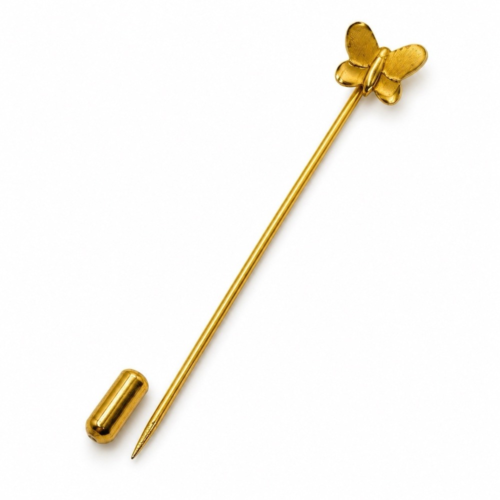 Vintage Gold Tone Butterfly Stick Pin Lapel Hat Scarf Brooch With Cap